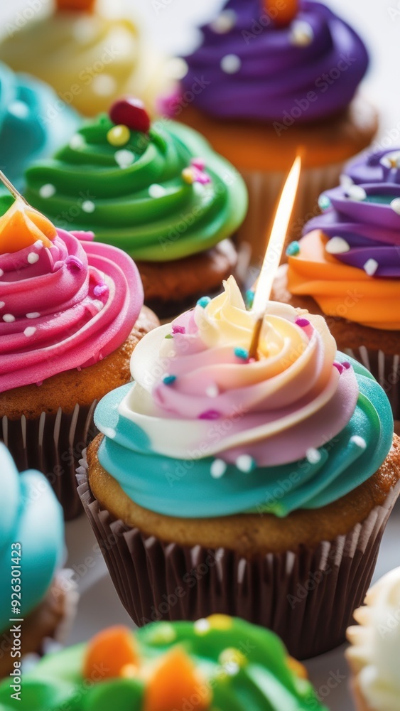 Colorful cupcakes with vibrant icing and sprinkles one topped with a single lit birthday candle. Colorful cupcakes with vibrant icing and sprinkles one topped with a single lit birthday candle.