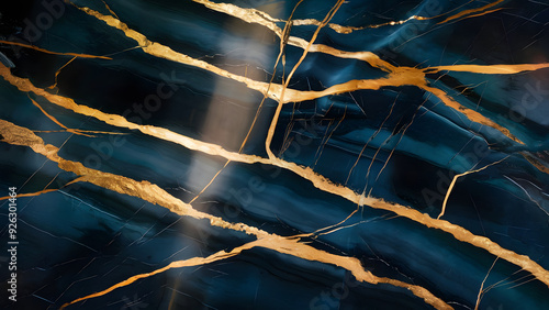 Abstract Blue and Gold Marble Texture: A captivating abstract background featuring swirling veins of golden metallic paint on a deep blue marble surface. This image evokes a sense of luxury, sophistic photo