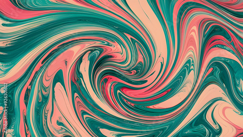 Abstract Swirling Marble Texture: A captivating abstract background featuring a mesmerizing swirl of vibrant teal, coral, and cream. Perfect for creating eye-catching designs, adding a touch of whimsy