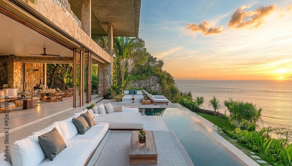Obraz premium Modern villa with infinity pool overlooking ocean sunset.