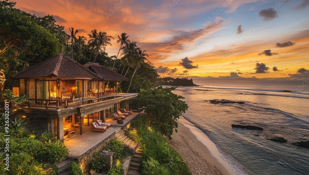 Obraz premium Tropical beach house with ocean views at sunset.