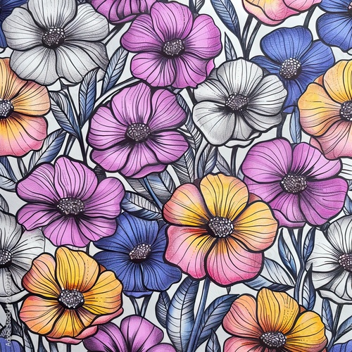 Vibrant Floral Pattern with Multicolored Flowers and Detailed Leaves