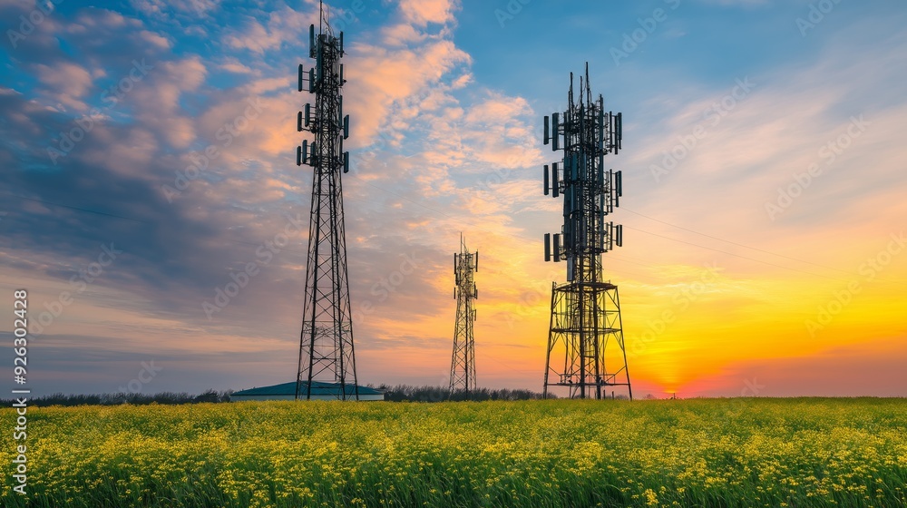 Advanced connectivity. Sunset over a rural landscape with communication towers amid vibrant fields Advanced connectivity. Sunset over a rural landscape with communication towers amid vibrant fields