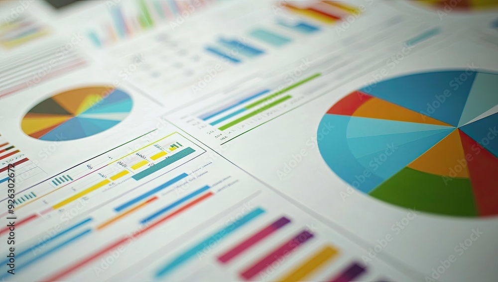 Colorful charts and graphs on white paper. Colorful charts and graphs on white paper.