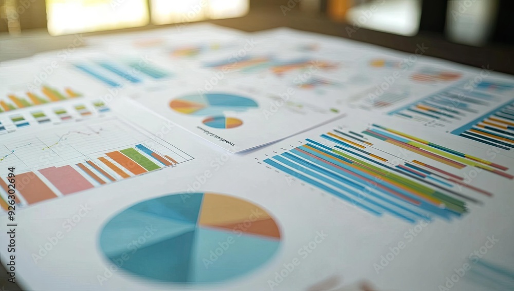 Colorful charts and graphs on paper. Colorful charts and graphs on paper.