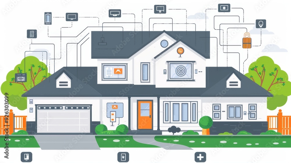 Cartoon vector smart home with various devices connected to a central energy management system Cartoon vector smart home with various devices connected to a central energy management system