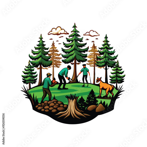 Vector artwork of a reforestation project showing three people planting a tree in a forest setting with a deer in the background.