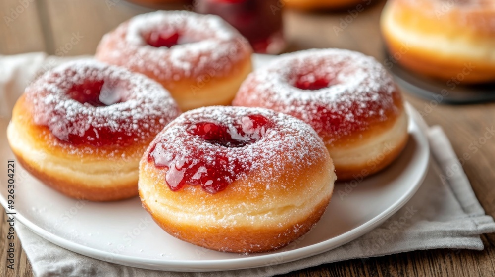 Tempting Strawberry Jam Filled Berliner Doughnuts with Milk on Wooden Table Top Tempting Strawberry Jam Filled Berliner Doughnuts with Milk on Wooden Table Top