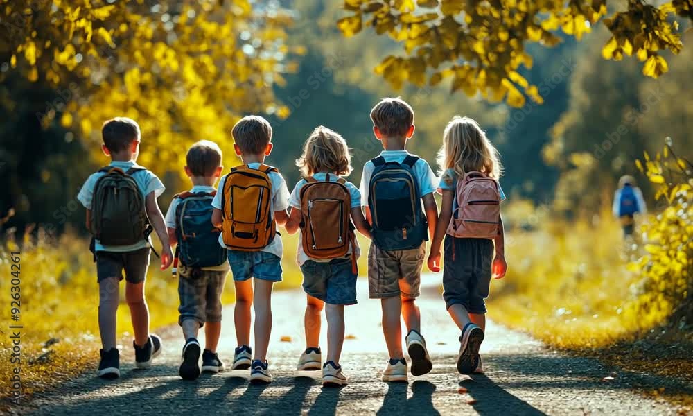Group of kids going to school together Group of kids going to school together