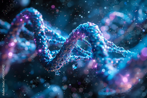 An abstract technology background features a mesmerizing display of a DNA molecule intertwined with X chromosomes, creating a visually captivating representation of genetic information and scientific