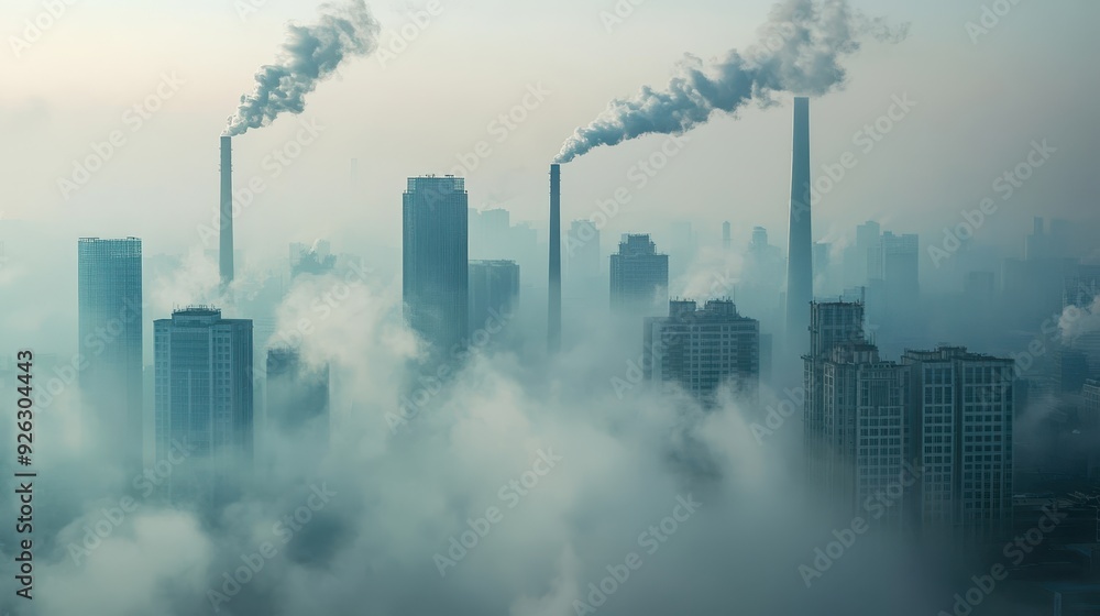 Factories emit smoke into a hazy atmosphere, obscuring the city skyline in the early morning Factories emit smoke into a hazy atmosphere, obscuring the city skyline in the early morning