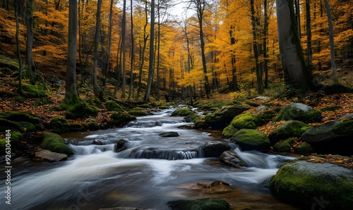 A Stream Flows Through a Forest of Golden Autumn Trees