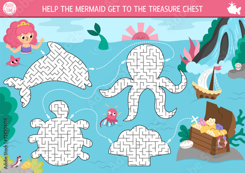 Mermaid maze for kids with geometrical dolphin, octopus, turtle, seashell. Ocean kingdom preschool printable activity. Water labyrinth game. Fairytale puzzle with sea princess, treasure chest