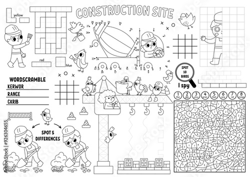 Vector construction site placemat for kids. Building works printable activity mat with maze, tic tac toe charts, connect  dots, find difference. Repair service black and white play mat, coloring page photo