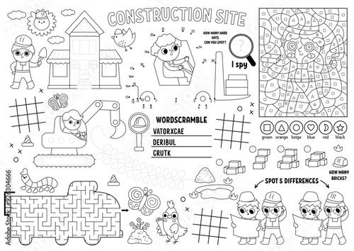 Vector construction site placemat for kids. Building works printable activity mat with maze, tic tac toe charts, connect dots, find difference. Repair service black and white play mat, coloring page