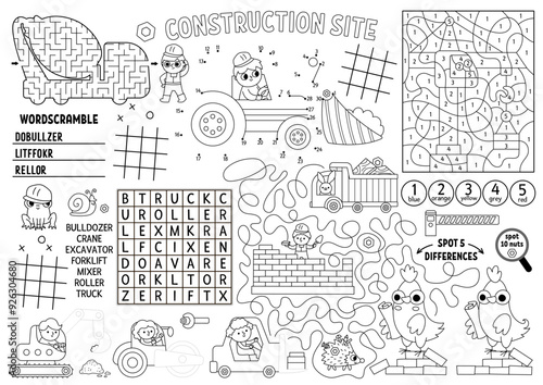 Vector construction site placemat for kids. Building works printable activity mat with maze, tic tac toe charts, connect dots, find difference. Repair service black and white play mat, coloring page