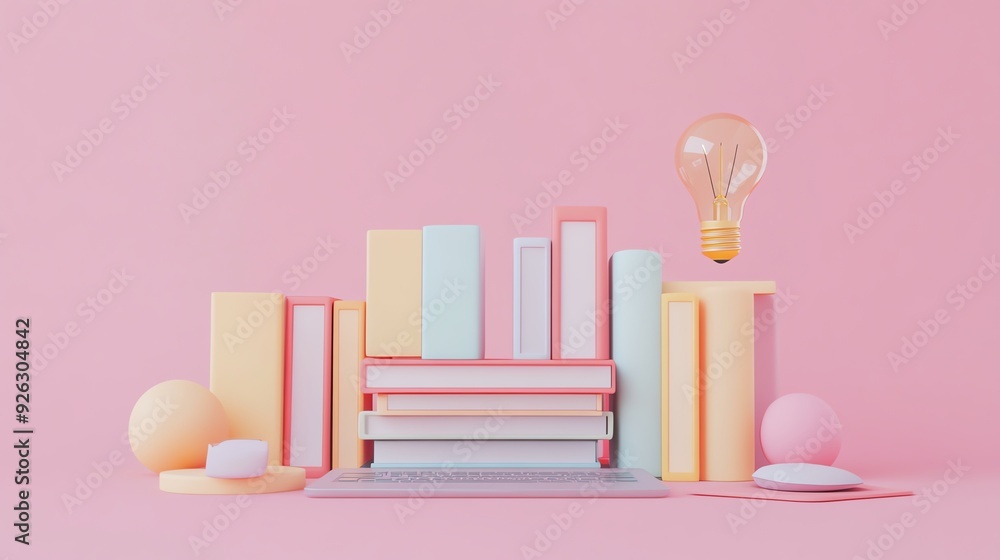 A colorful composition of books and a light bulb against a pastel pink background, symbolizing creativity and knowledge. A colorful composition of books and a light bulb against a pastel pink background, symbolizing creativity and knowledge.