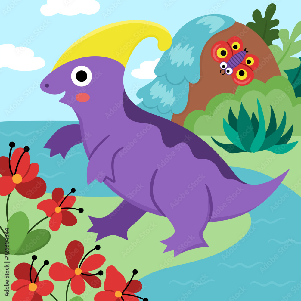 Obraz premium Vector square scene with parasaurolophus. Dinosaur landscape illustration. Cute prehistoric scenery with waterfall, river, flowers, trees. Funny dino scene for kids