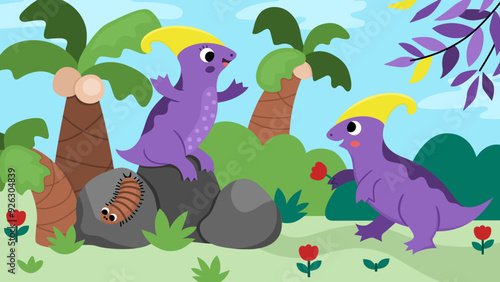 Vector horizontal scene with parasaurolophus bringing flower to his girlfriend. Dinosaur landscape illustration. Cute prehistoric scenery with flowers, palm trees. Funny dino scene for kids