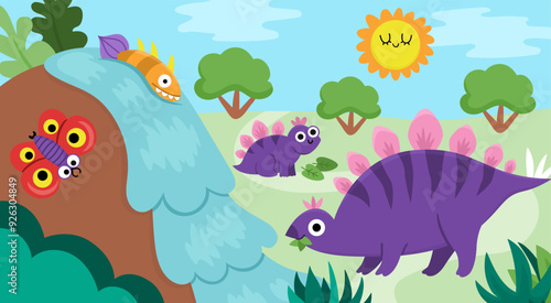 Vector horizontal scene with stegosaur and his baby eating leaves. Dinosaur landscape illustration. Cute prehistoric mom and baby scenery with waterfall, tree, butterfly. Funny dino scene for kids