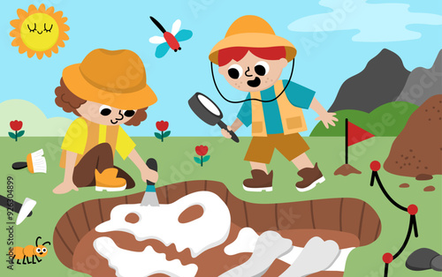Vector landscape illustration with paleontologists digging dinosaurs fossils and bones. Cute scene with prehistoric animal scientist on the dig. Dino archaeologists scenery with funny boy and girl