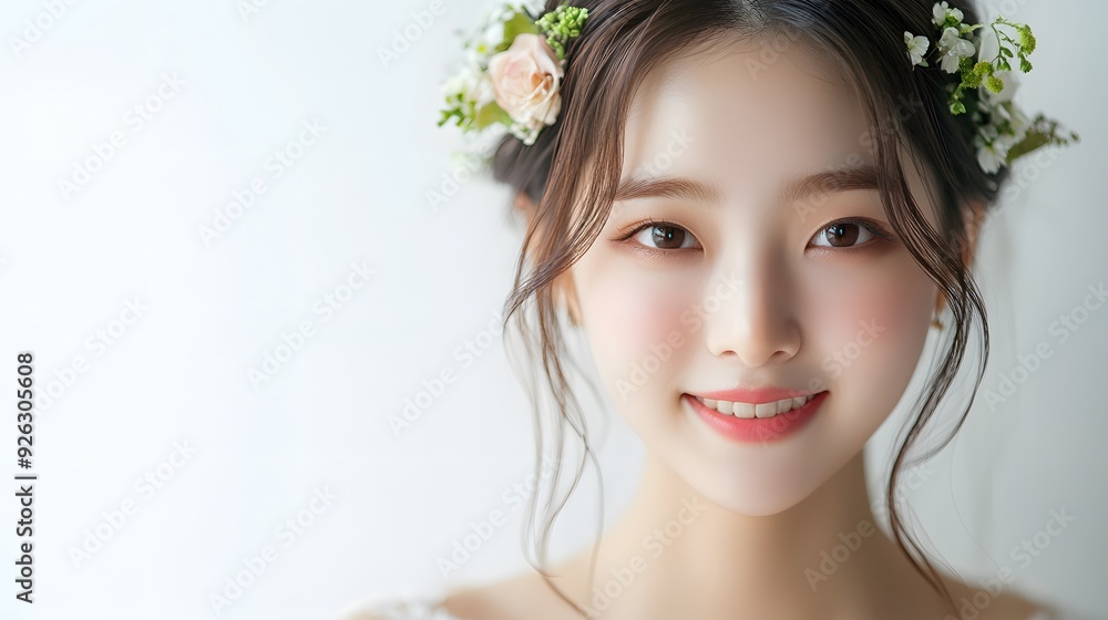 A young and beautiful woman model,wearing wedding dress, smiling and staring at a camara, horizental spotlight, white background2 A young and beautiful woman model,wearing wedding dress, smiling and staring at a camara, horizental spotlight, white background2