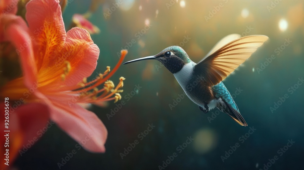 Fototapeta premium Hummingbird in Flight Near a Red Flower