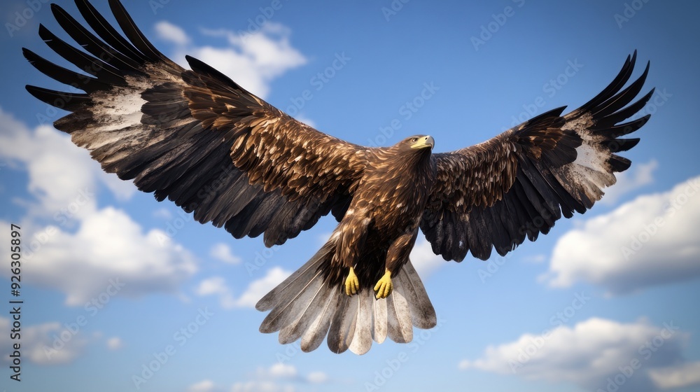 Naklejka premium A Brown and Black Eagle in Flight Against a Blue Sky with White Clouds