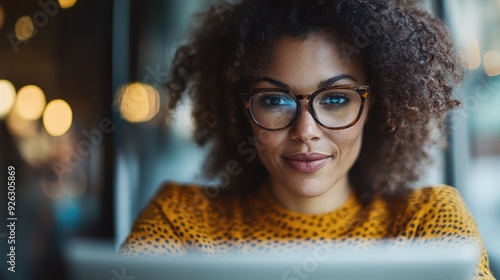 A vibrant image of a young woman with curly hair, wearing glasses, drinking coffee and using a laptop at a cafe, depicting productivity and modernity in a casual setting.