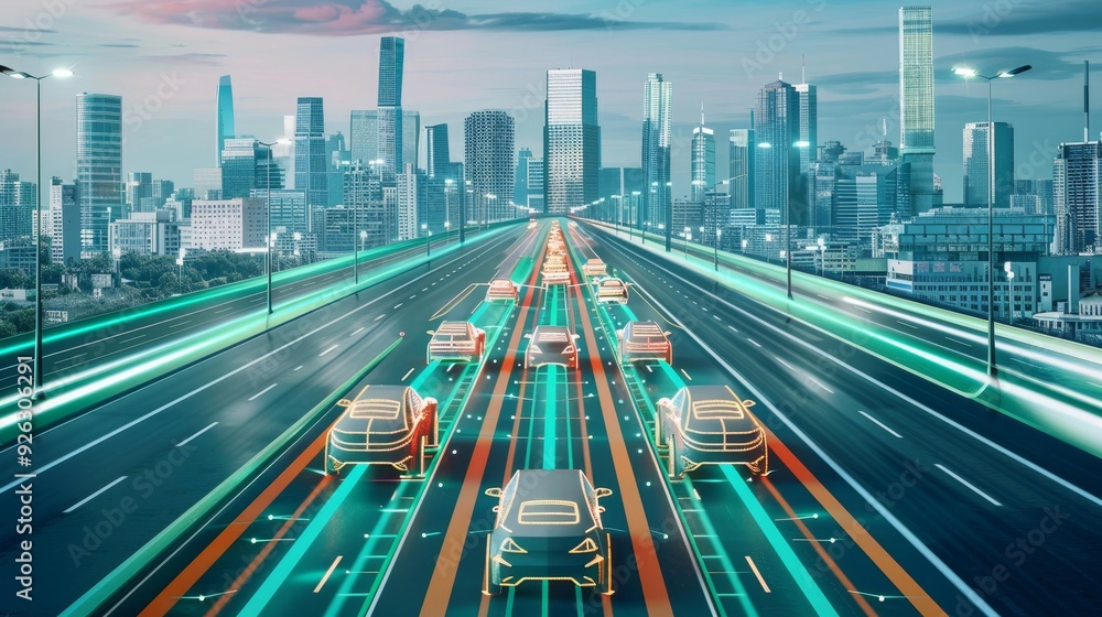 Fototapeta premium Sustainable transportation networks for the future transportation network front view Showcasing ecofriendly transport solutions futuristic tone Triadic Color Scheme