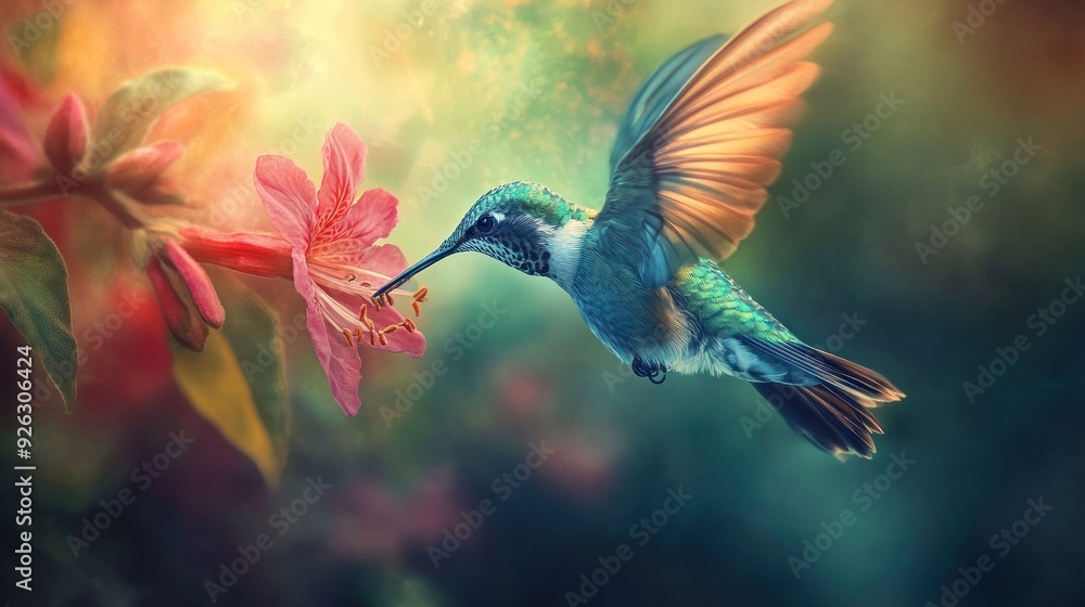 Fototapeta premium Hummingbird in Flight, Feeding from a Pink Flower
