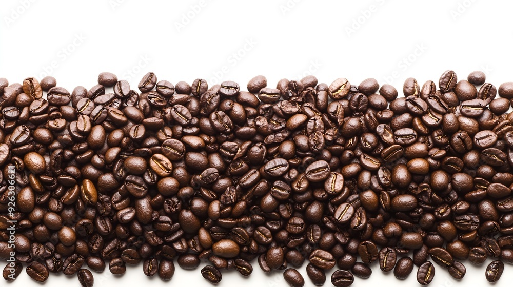 Obraz premium Cascading Coffee Beans on White Background, Dynamic Lines, Rich Textures, Earthy Tones