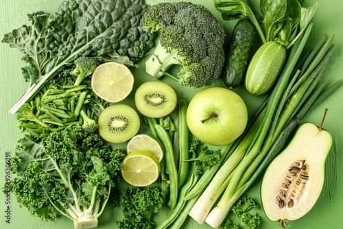 Fresh raw organic green vegetables on green background