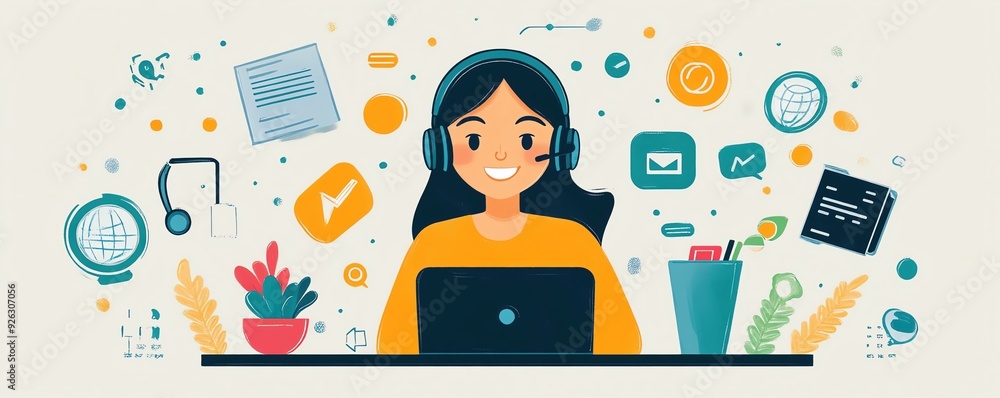 A flat art illustration of a customer service desk with a representative holding a headset, surrounded by support icons, symbolizing online sales assistance high detailed A flat art illustration of a customer service desk with a representative holding a headset, surrounded by support icons, symbolizing online sales assistance high detailed