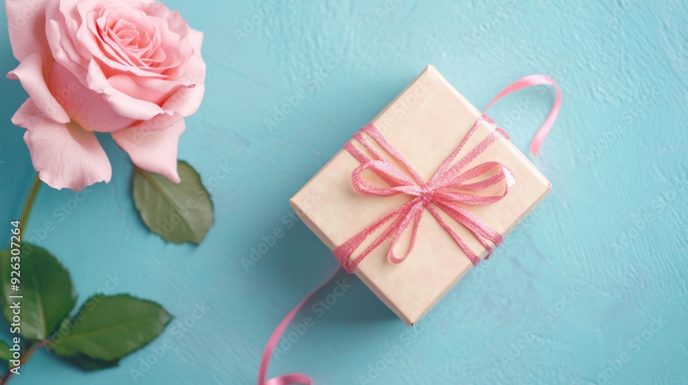 Romantic Gift Concept with Pink Rose Flower and Gift Box on Colored Table Background for Mother's Day and Birthdays. Romantic Gift Concept with Pink Rose Flower and Gift Box on Colored Table Background for Mother's Day and Birthdays.