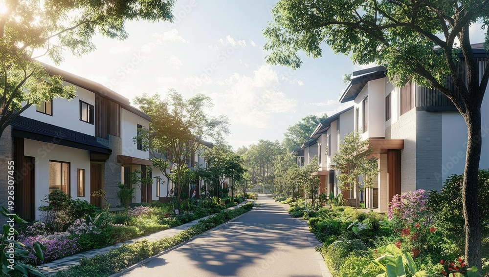 A street lined with houses and lush greenery. A street lined with houses and lush greenery.
