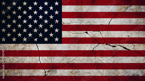 American flag USA on cracked concrete wall, concept. Economy and crisis, creativity. Freedom and patriotism