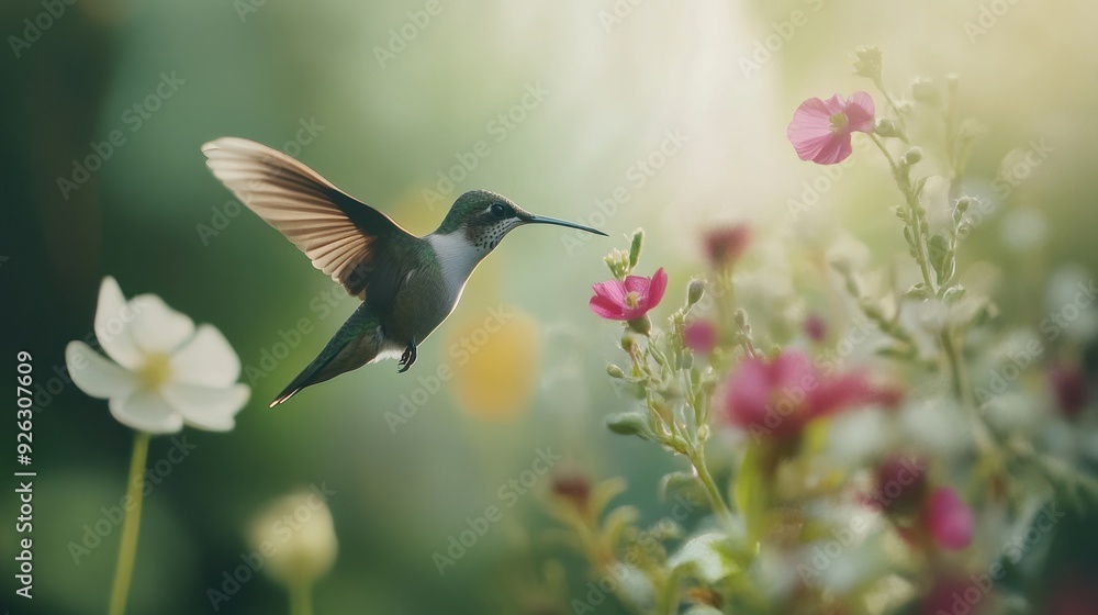 Naklejka premium Hummingbird in Flight Approaching Pink Flower