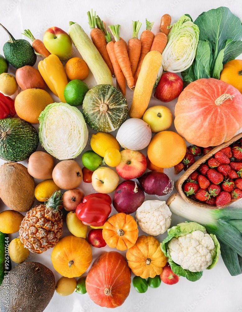 custom made wallpaper toronto digitalvarious fresh fruits and vegetables arranged neatly on a white background. generative ai