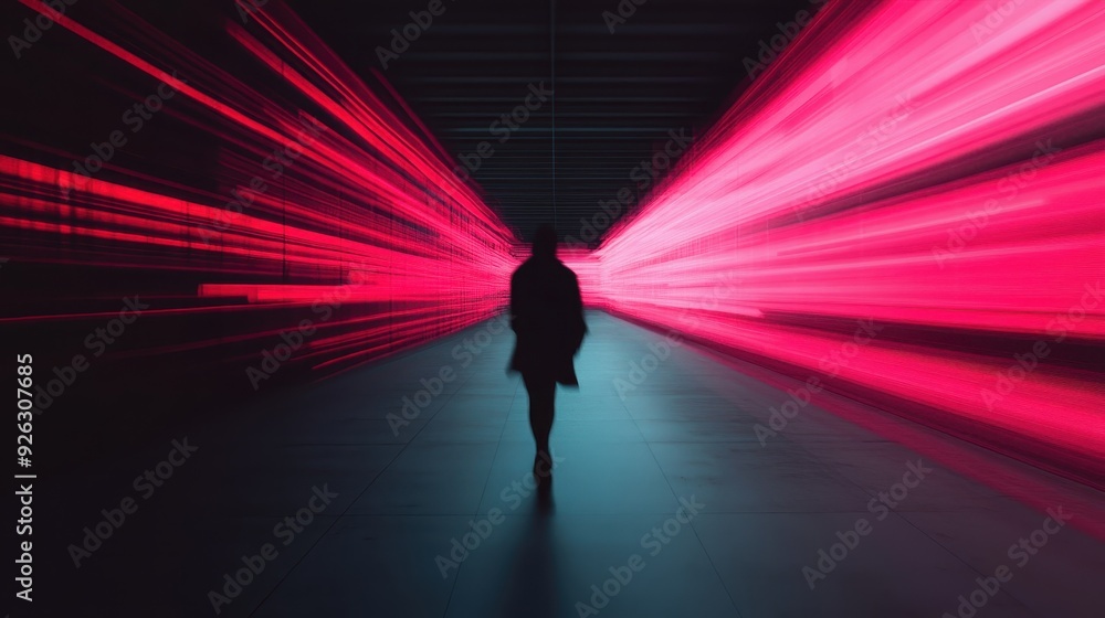 A solitary person walks through a dark tunnel illuminated by bright neon lights, creating a stunning blur effect, symbolizing speed and urban life in a digital era. A solitary person walks through a dark tunnel illuminated by bright neon lights, creating a stunning blur effect, symbolizing speed and urban life in a digital era.