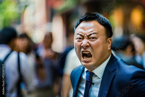 Asian Businessman in Heated Argument on Busy Shanghai Street Scene.