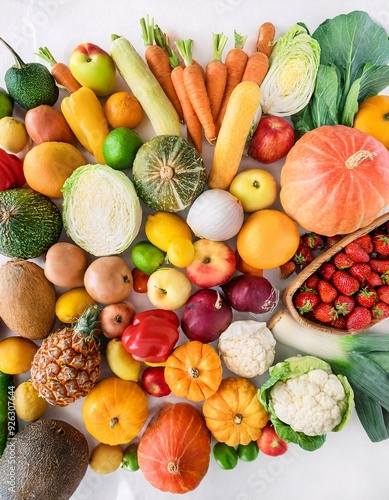 Wallpaper Mural various fresh fruits and vegetables arranged neatly on a white background. generative ai Torontodigital.ca