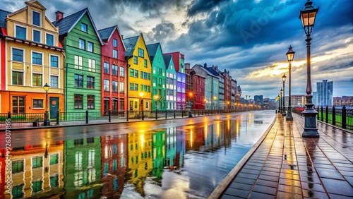 Colorful buildings lining a wet sidewalk in a vibrant cityscape setting, urban, street, colorful, buildings, architecture