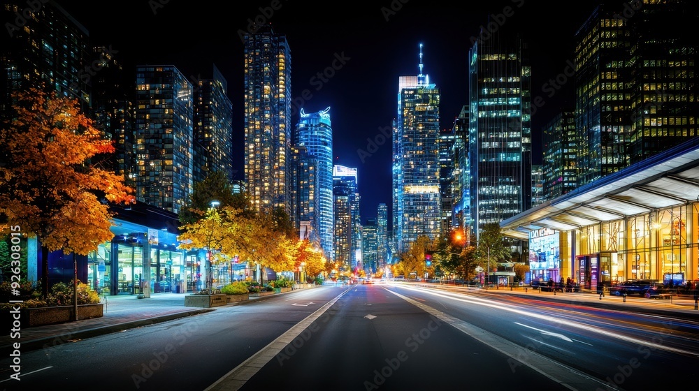 Fototapeta premium A vibrant cityscape at night showcasing illuminated skyscrapers and bustling streets, creating a dynamic urban atmosphere.