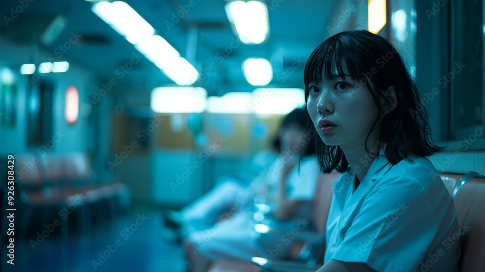Obraz premium Asian Nurse on Break Showing Weary Posture and Distant Gaze