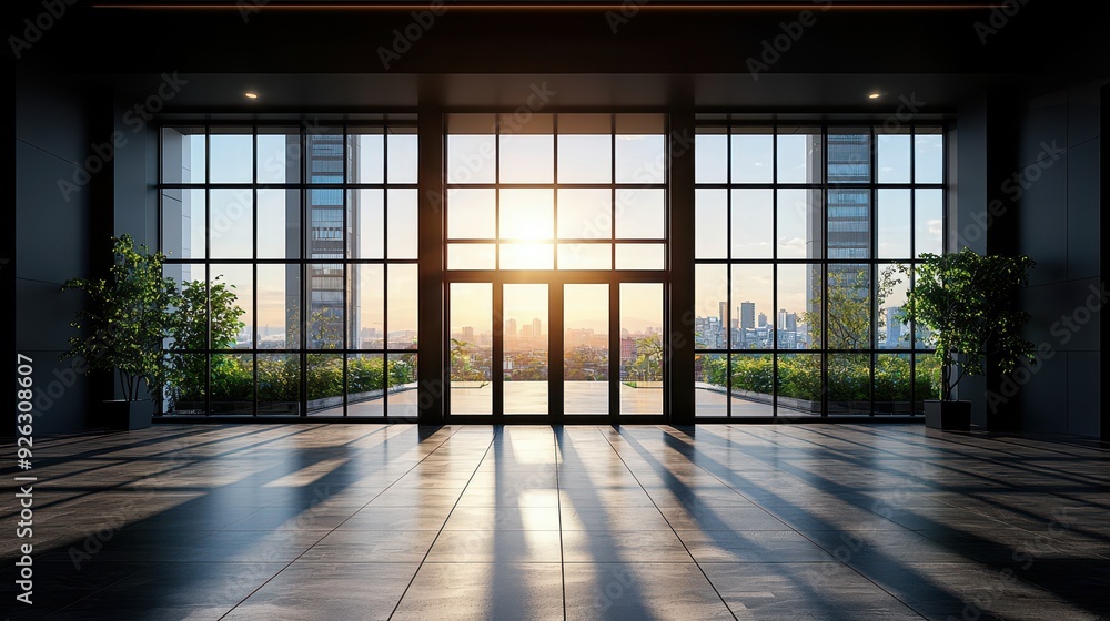 Modern office lobby featuring large windows, natural light, and elegant design elements with a city view at sunrise. Modern office lobby featuring large windows, natural light, and elegant design elements with a city view at sunrise.