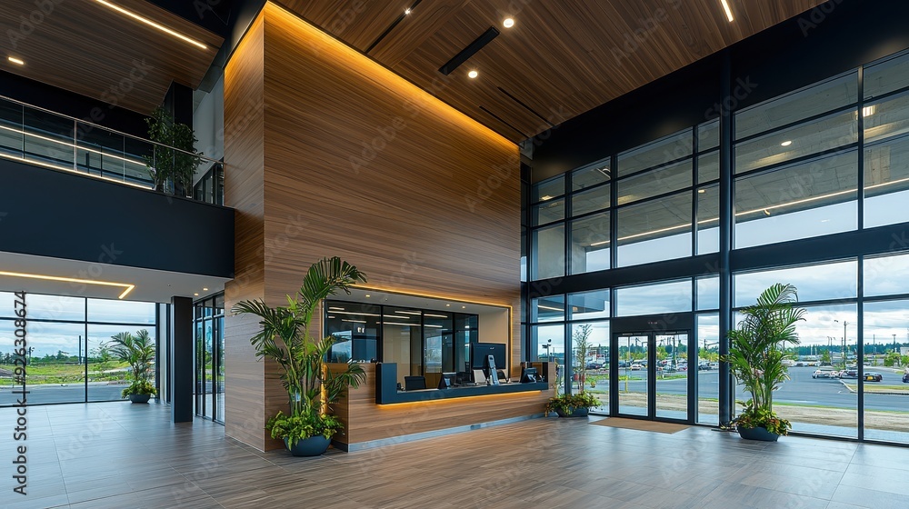 Modern office lobby featuring sleek design, natural light, wooden accents, and indoor plants, creating an inviting atmosphere. Modern office lobby featuring sleek design, natural light, wooden accents, and indoor plants, creating an inviting atmosphere.