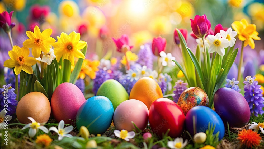 Colorful easter eggs nestled amongst an array of vibrant spring flowers , Easter, eggs, flowers, holiday, celebration Colorful easter eggs nestled amongst an array of vibrant spring flowers , Easter, eggs, flowers, holiday, celebration