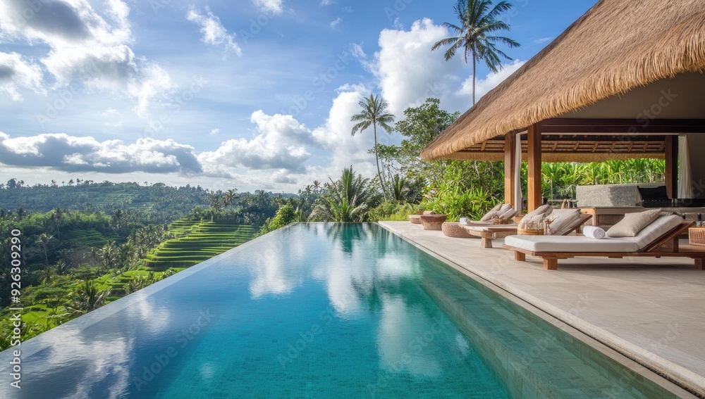 Fototapeta premium Infinity pool overlooking green rice terraces.