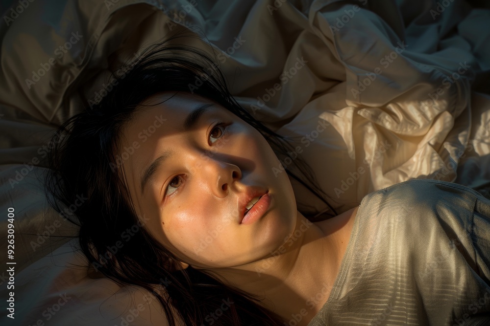 Asian Woman Awake in Bed Surrounded by Sheets Reflecting Insomnia. Asian Woman Awake in Bed Surrounded by Sheets Reflecting Insomnia.